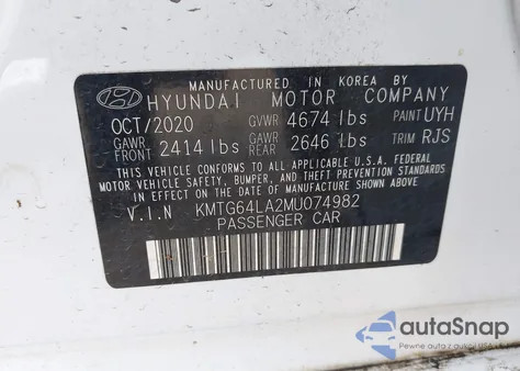 2021 Genesis G70 2.0T Rwd z USA, uszkodzony, nr VIN KMTG64LA2MU074982